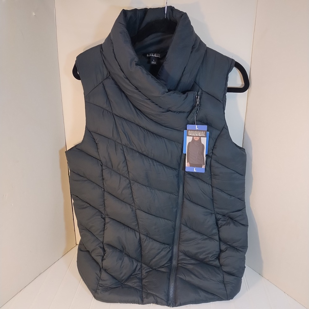 Nicole Miller Original Puffer Vest Womens LG Gray Asymmetrical Zip Quilted NEW